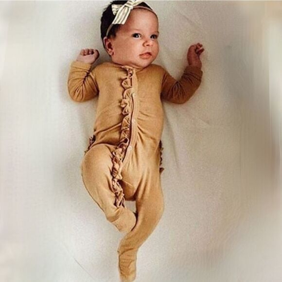 NWT Mustard Ruffle Footie Girls Romper Set - Picture 1 of 11